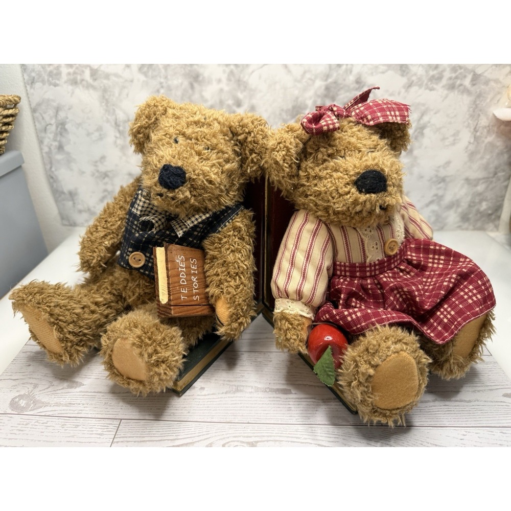 Vintage 1980s Boy Girl Teddy Bear Bookends Removable Bears Country Farmhouse‎